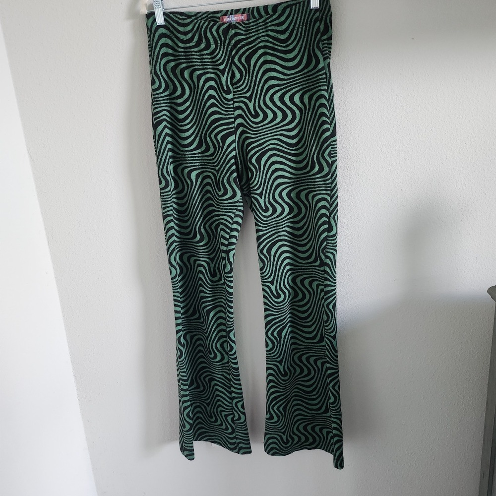 Urban Outfitters Womens Psychedelic Green Black Swirl Flare Pants Retro Size XL